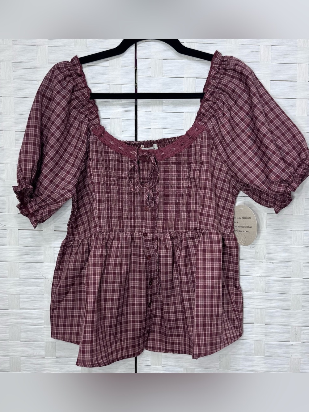 Eden & Olivia Red Blush Mini Plaid Cottagecore Peasant Baby Doll Top Size Medium